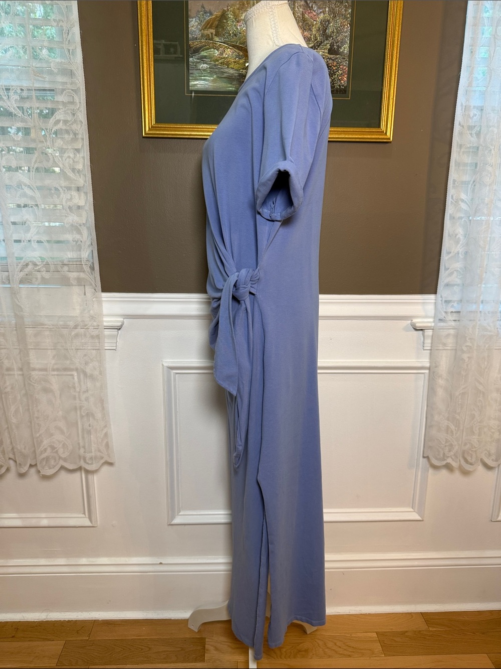 Sézane Pippa Vintage Blue Organic Cotton Tie Midi Maxi Dress XXL Flawed - Picture 3 of 11